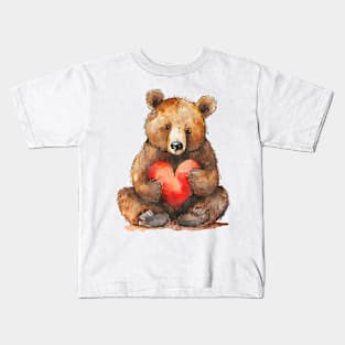 Valentine Grizzly Bear Holding Heart Kids T-Shirt